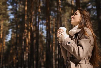 woman, beauty, fashion, portrait, drink, outdoors, beverage, nature, coat, coffee, female, forest, girl